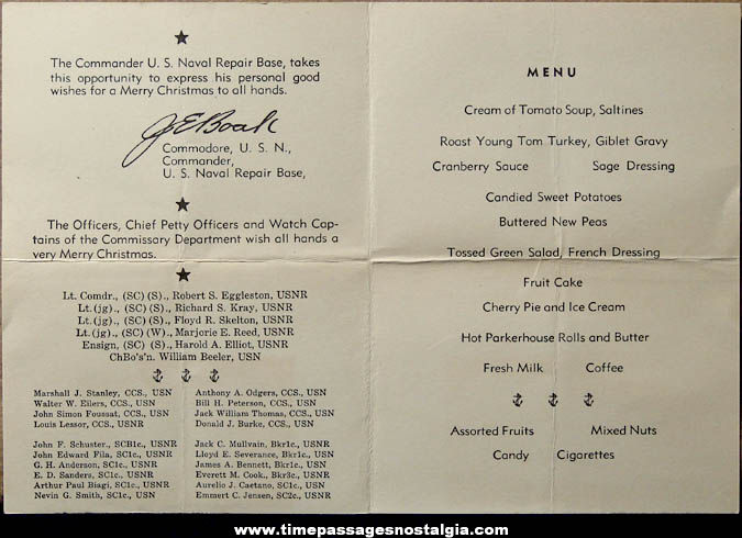 1945 United States Naval Repair Base San Diego California Christmas Dinner Menu