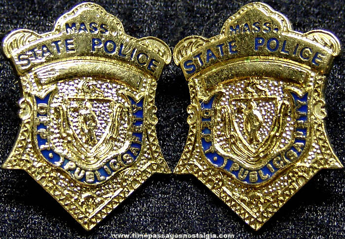 (2) Matching Old Enameled Metal Massachusetts State Police Miniature Badge Pins