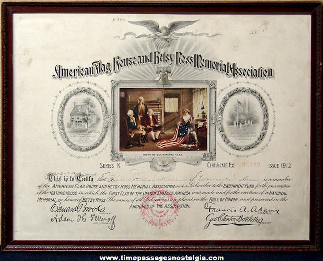 Framed 1912 American Flag House and Betsy Ross Memorial Association Certificate