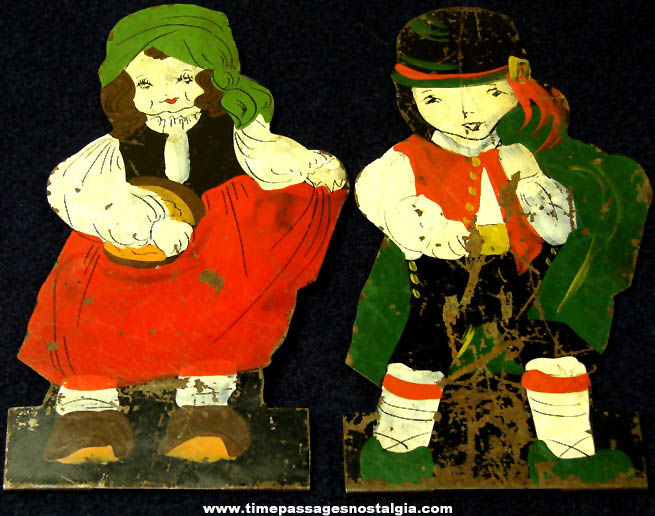 (2) Old Painted Die Cut Sheet Metal Cultural Man & Woman In Costume Figures