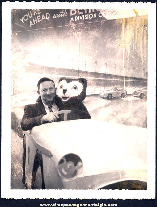 Old Auto Racing & Bear Character Novelty Souvenir Polaroid Photograph