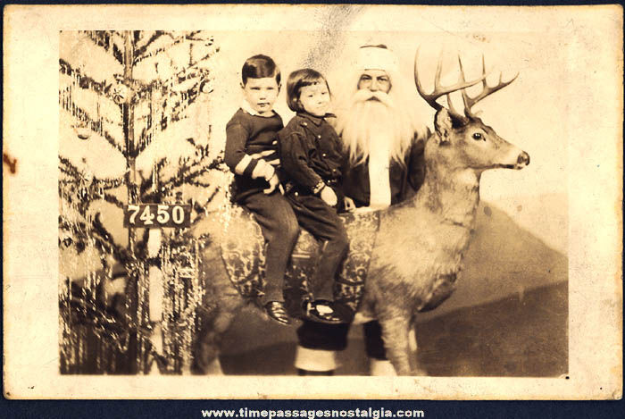 Old Santa Claus Children Christmas Tree & Deer Real Photo Post Card