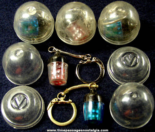 (5) Old Unused Gum Ball Machine Prize Miniature Dice Sets with Key Chain Charm Cases