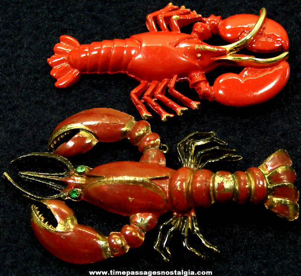 (2) Colorful Old Painted Metal Lobster Jewelry Brooch Pins