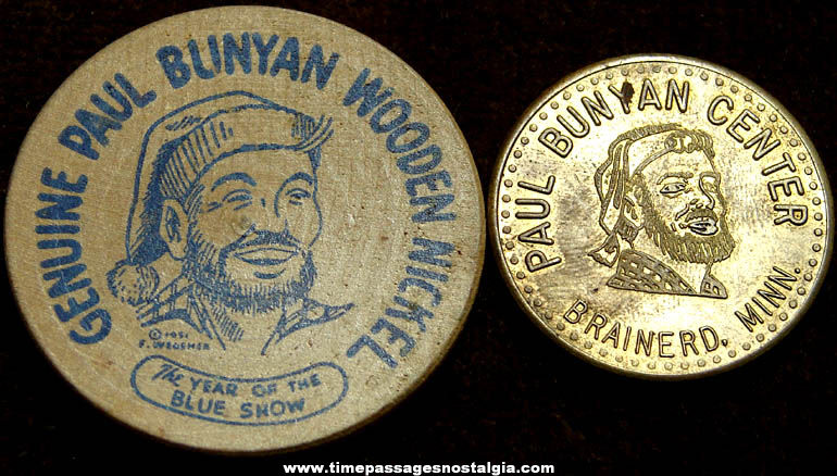 (2) Different Old Paul Bunyan Character Advertising Souvenir Good Luck Token Coins
