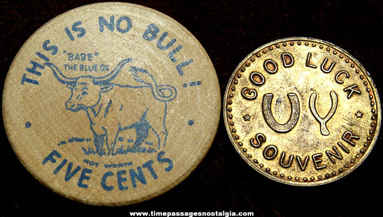 (2) Different Old Paul Bunyan Character Advertising Souvenir Good Luck Token Coins