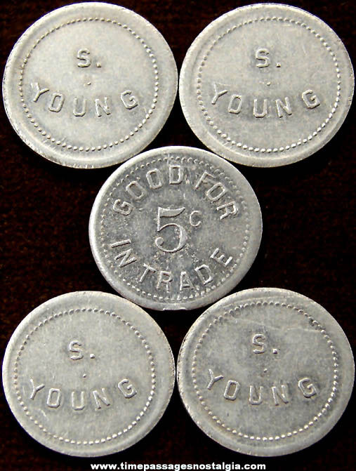 (5) Unknown S. Young Advertising Aluminum Good For 5 Cent Token Coins