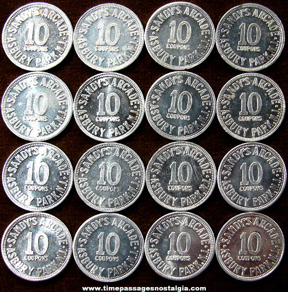 (16) Old Asbury Park New Jersey Boardwalk Sandy’s Arcade Game Ten Point Token Coins
