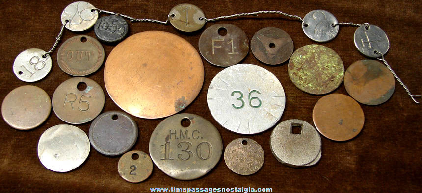 (22) Old Unidentified Metal Tags Fobs Charms & Slug Token Coins