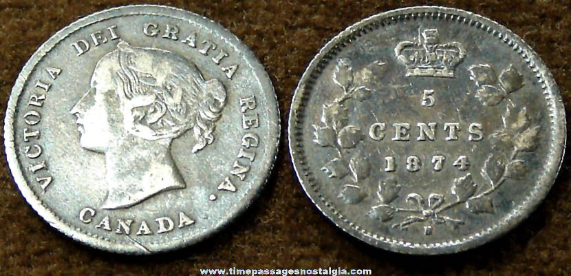 1874 H Canadian Five Cent Silver Coin