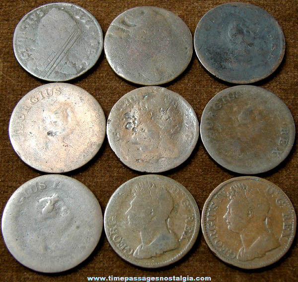 (9) 18th & 19th Century Ireland Half Penny Copper Coins