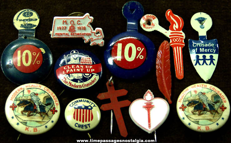 (12) Small Old Charity Advertising Pins Pin Back Buttons & Tab Buttons