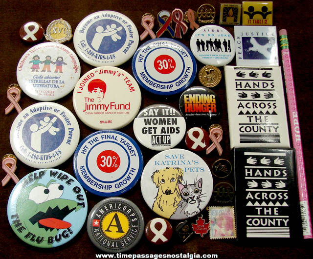 (36) Small Charity Advertising Pins Pin Back Buttons & More