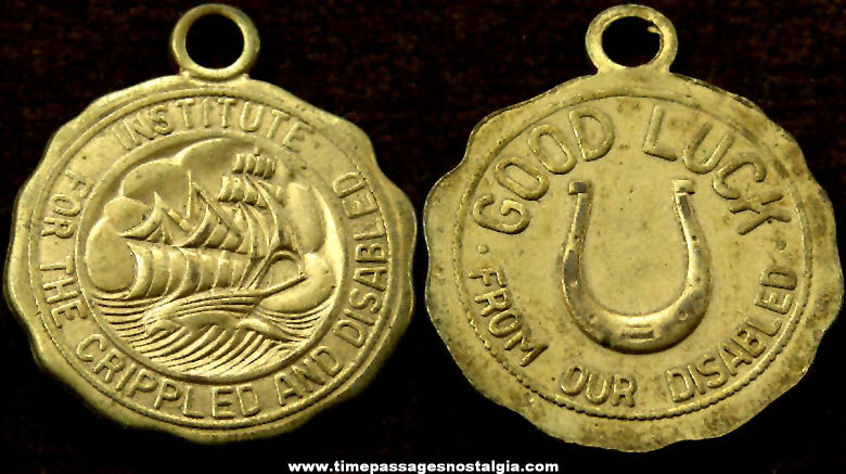 Old Brass Crippled & Disabled Good Luck Key Chain Fob or Medallion
