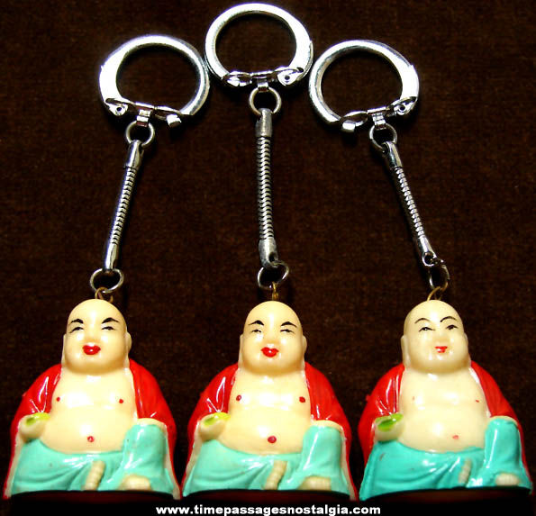 (3) Colorful Old Unused Gum Ball Machine Prize Buddha Figure Key Chains