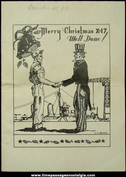1941 World War II Ship Yard Sheet Metal Shop Uncle Sam Well Done Christmas Card