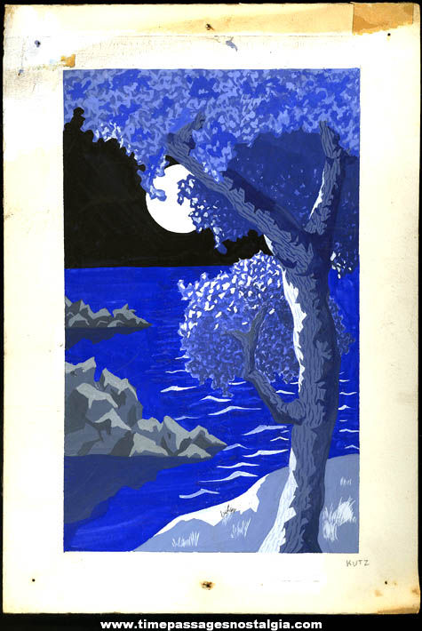 Colorful Original Kutz Moon Lit Landscape Painting on Art Illustration Board
