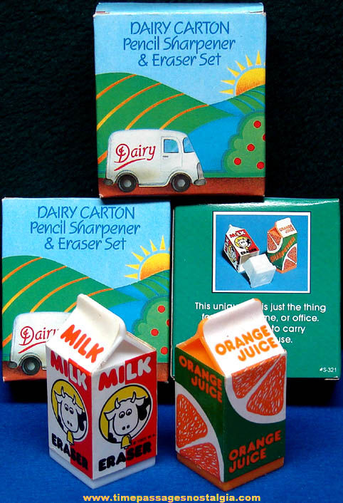 (3) Boxed & Unused Milk & Orange Juice Carton Pencil Sharpener & Eraser Sets