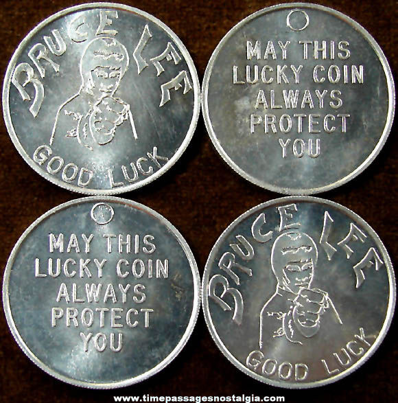 (4) Old Bruce Lee Character Good Luck Token Coins