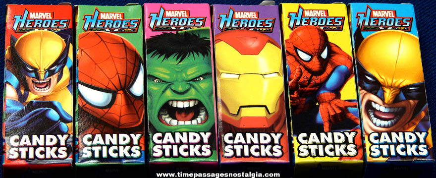 (6) Different Colorful Unopened Marvel Heroes Character Candy Sticks Boxes