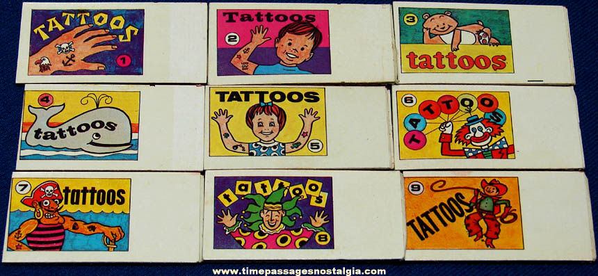 Unusual Set of (9) Old Cracker Jack Series #1366 Tattoo Book Toy Prizes