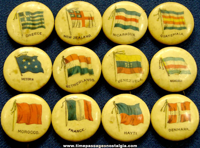 (12) 1896 Sweet Caporal Cigarettes Advertising Premium Country Flag Celluloid Pin Back Buttons