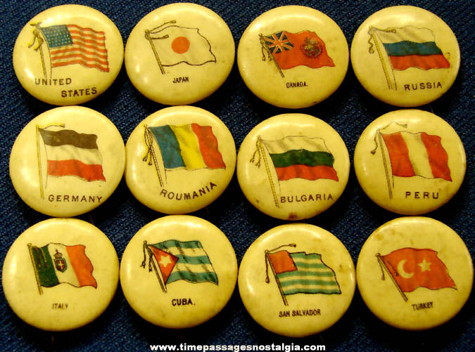 (12) 1896 Sweet Caporal Cigarettes Advertising Premium Country Flag Celluloid Pin Back Buttons