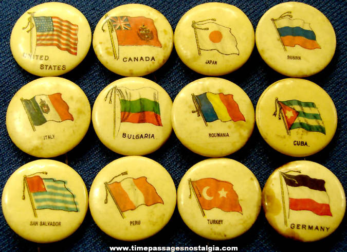 (12) 1896 Sweet Caporal Cigarettes Advertising Premium Country Flag Celluloid Pin Back Buttons