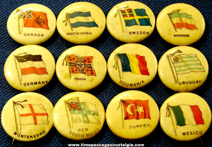 (12) 1896 Sweet Caporal Cigarettes Advertising Premium Country Flag Celluloid Pin Back Buttons