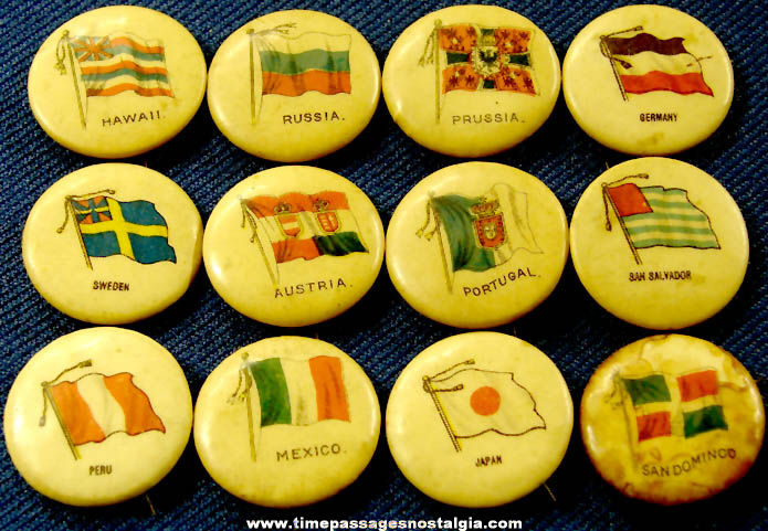 (12) 1896 Sweet Caporal Cigarettes Advertising Premium Country Flag Celluloid Pin Back Buttons