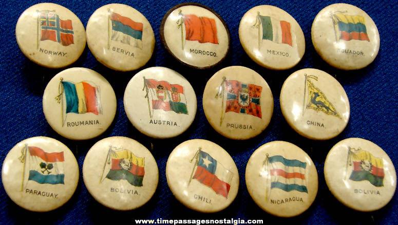 (14) 1896 Sweet Caporal Cigarettes Advertising Premium Country Flag Celluloid Pin Back Buttons