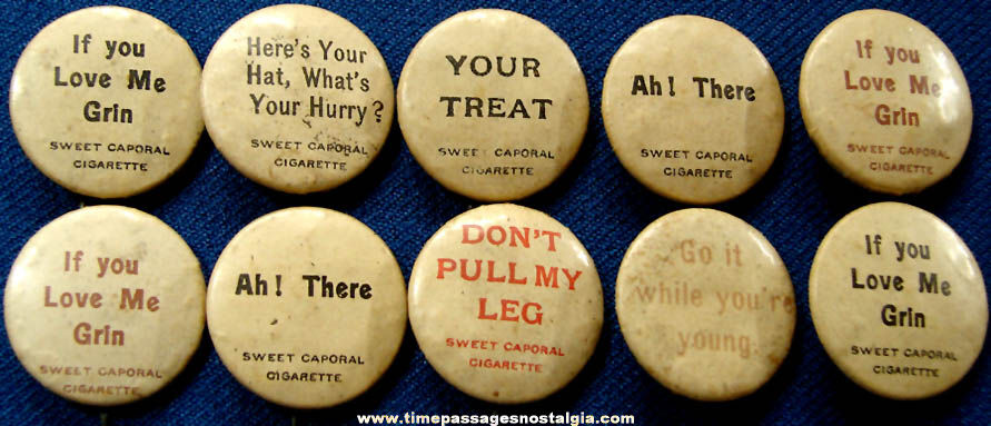 (10) 1896 Sweet Caporal Cigarette Premium Celluloid Pin Back Buttons With Sayings