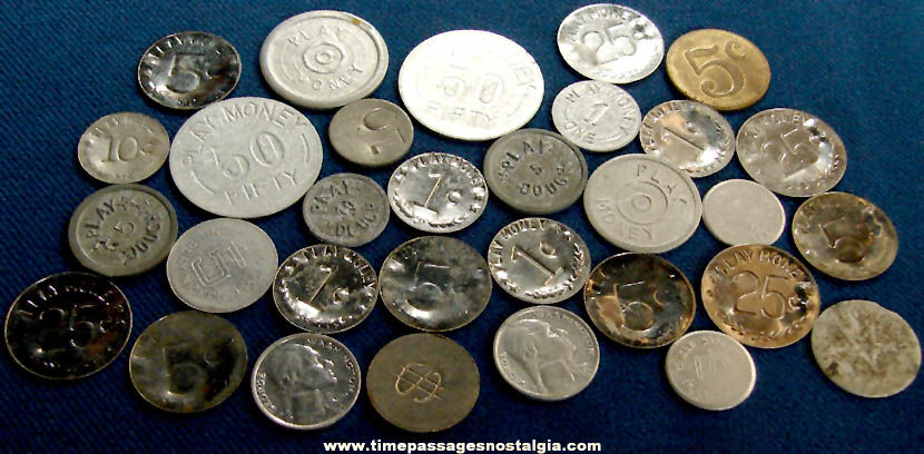 (32) Various Old Metal Toy Play Money Token Coins