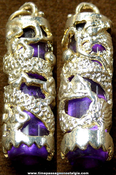 Old Silver Metal Dragon Pendant Charm with a Purple Glass Bottle or Vial