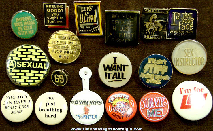 (18) Old Risque Type Pins & Pin Back Buttons With Sayings