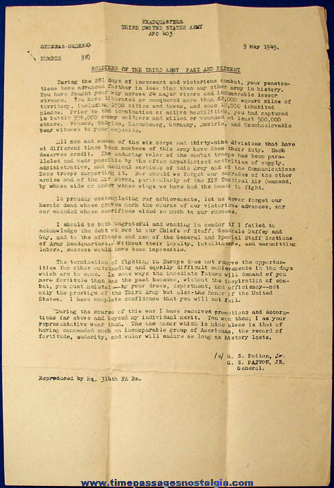 1945 General George S. Patton Letter to Third Army Soldiers With Envelope
