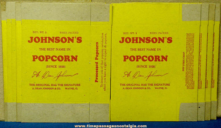 (9) Old Unused Johnson’s Pop Corn Advertising Cardboard Boxes