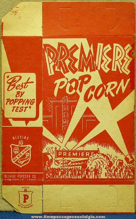Old Unused Blevins Premiere Pop Corn Advertising Cardboard Box