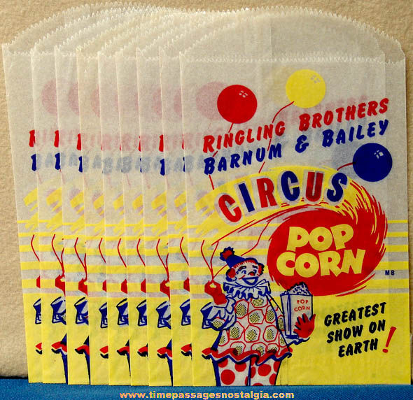 (9) Old Unused Ringling Brothers Barnum & Bailey Circus Pop Corn Advertising Paper Bags