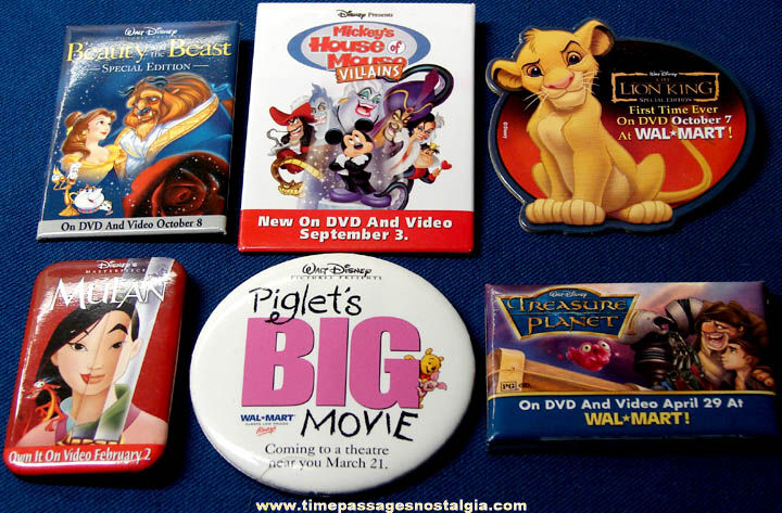 (6) Different Walt Disney Movie Advertising Pin Back Buttons