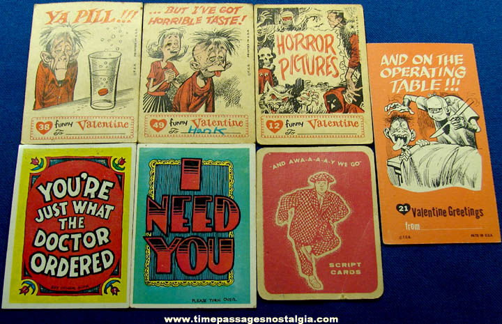 (6) Old Topps Bubble Gum Valentine Trading Cards + Bonus