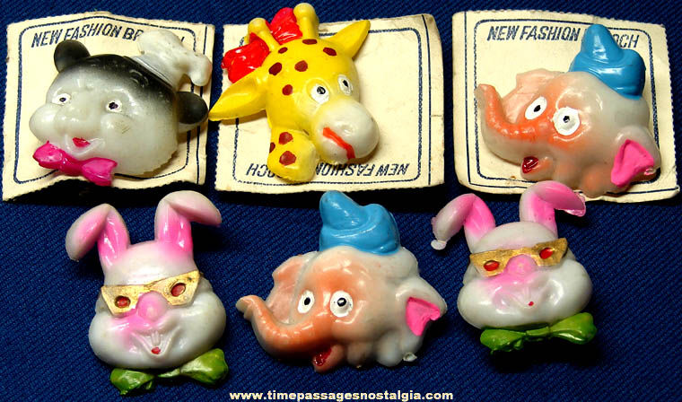 (7) Old Unused Animal Gum Ball Machine Prize Painted Plastic Novelty Brooch Pins