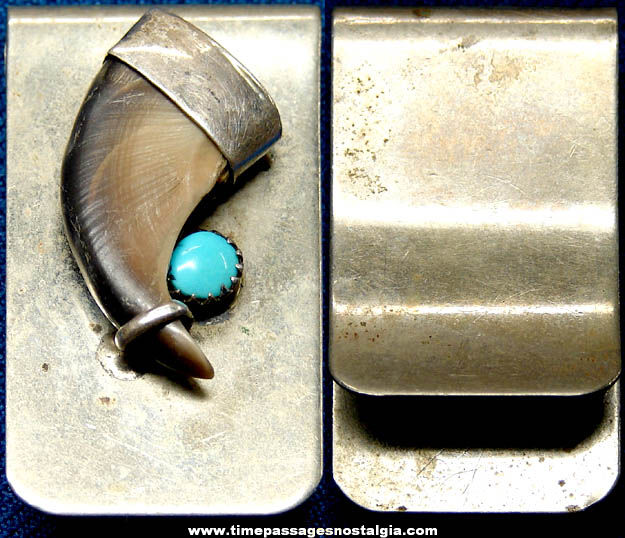 Old Bear Claw & Turquoise Stone Metal Money Clip