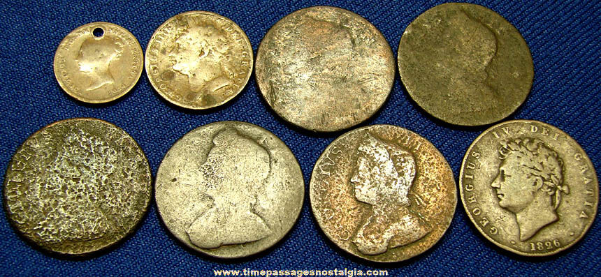 (8) Old British Half Farthing, Farthing, & Half Penny Coins