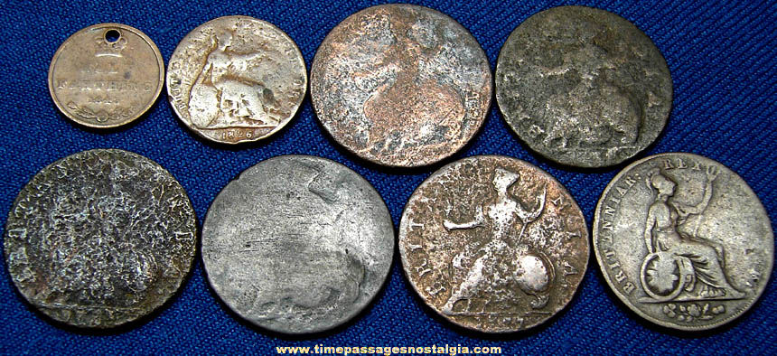 (8) Old British Half Farthing, Farthing, & Half Penny Coins