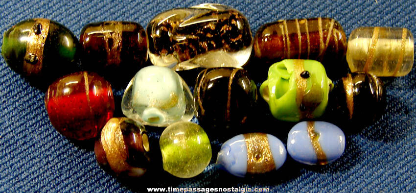 (14) Old Unusual Glass Jewelry Beads with Gold Flecks