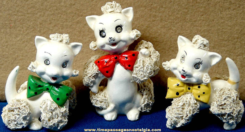 (3) Different Old Porcelain White Cat Spaghetti Figurines