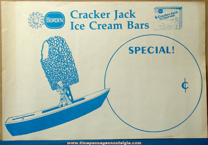 Old Unused Borden Cracker Jack Ice Cream Bar Advertising Store Poster