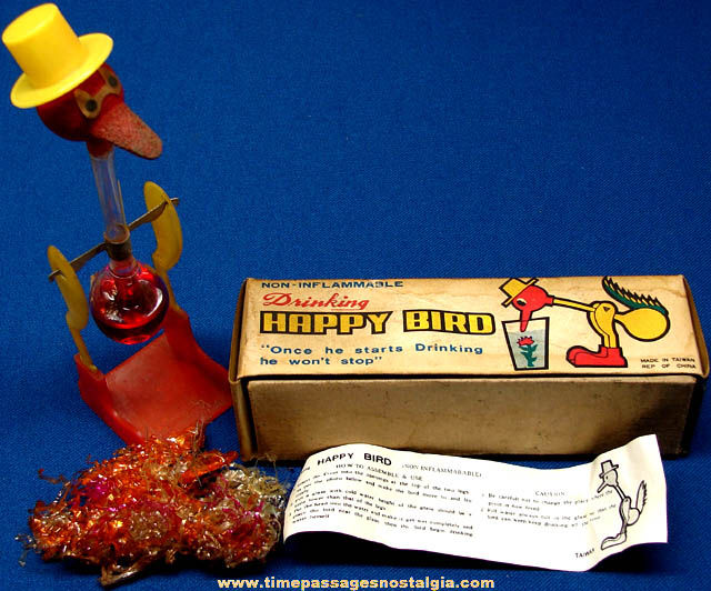 Old Boxed Glass & Plastic Mechanical Novelty Drinking Happy Bird