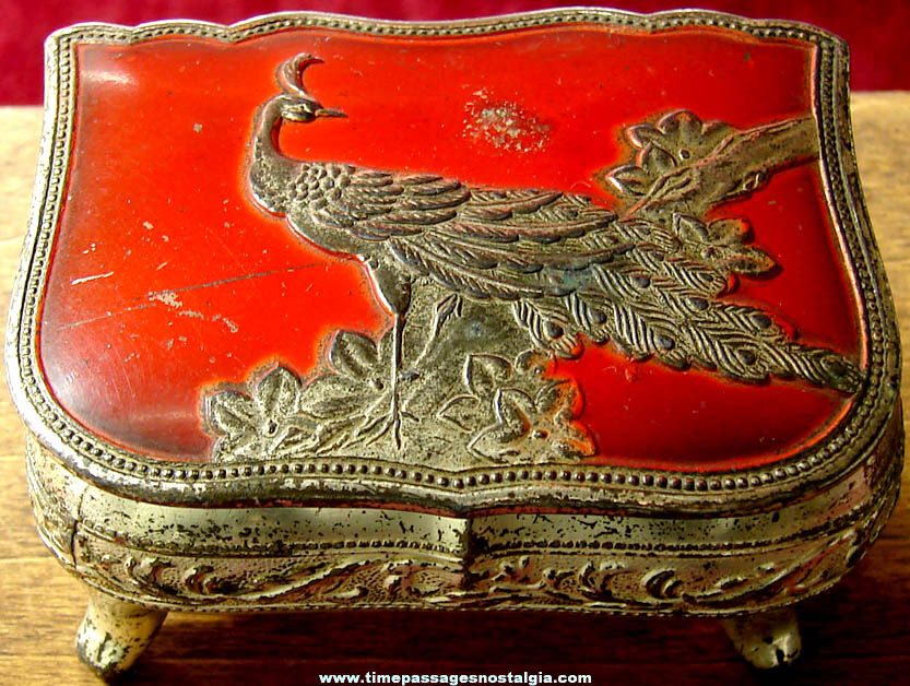Old Occupied Japan Painted Metal Peacock Trinket or Jewelry Box
